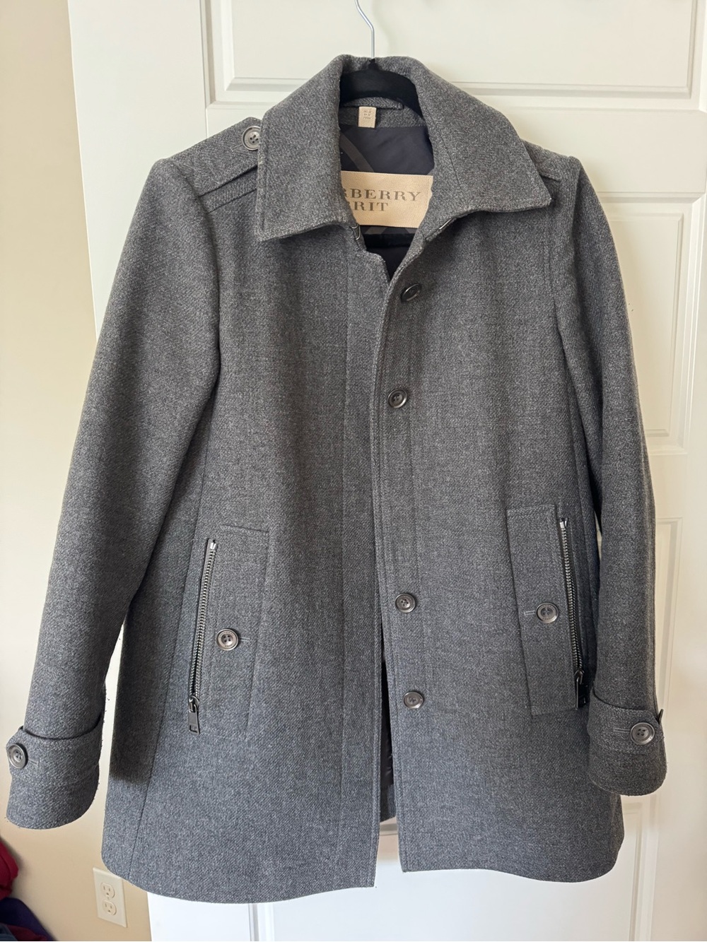 Burberry Brit Gray Wool Cashmere Blend Pea Coat with Zip-Front Pockets